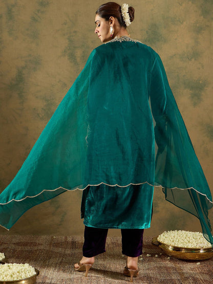Floral Yoke Design Sequinned Velvet Straight Kurta With Trousers & Dupatta