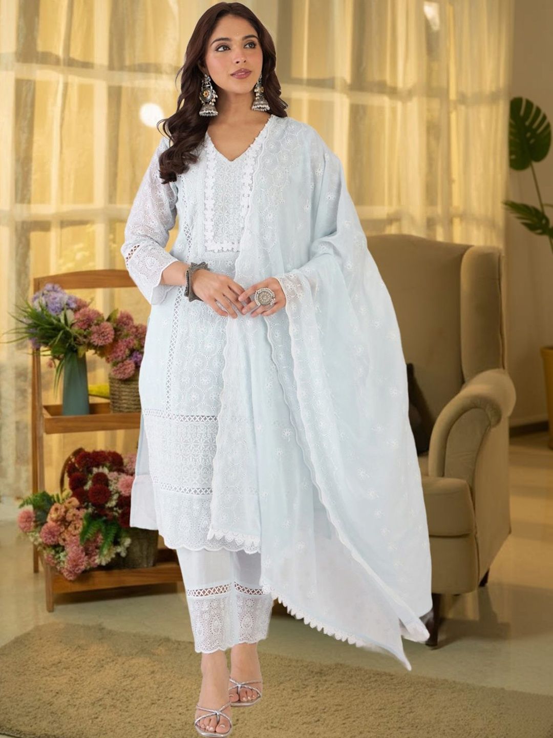 Dhiyona IE Women Ethnic Motifs Embroidered Regular Thread Work Pure Cotton Kurta with Trousers & With Dupatta