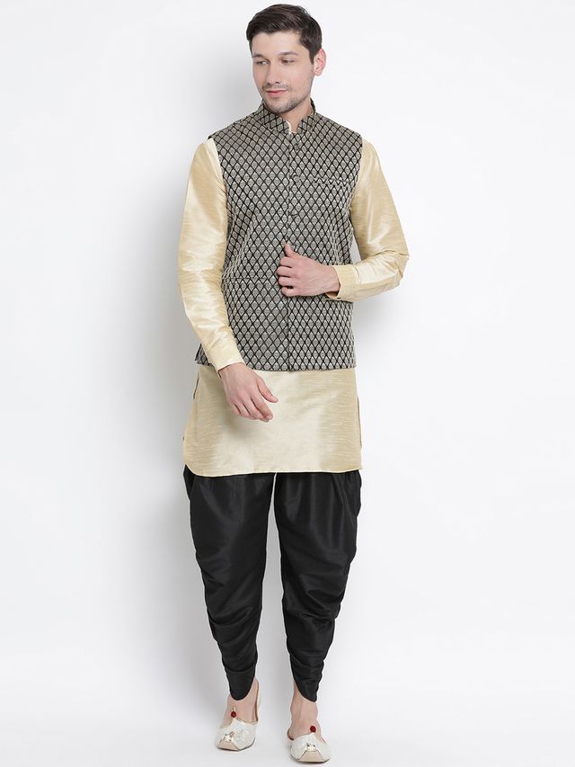 Men's Gold Silk Blend Straight Jacket  Kurta and Dhoti Set