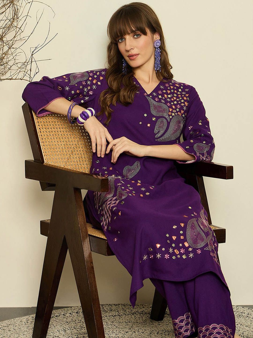 Women Ethnic Motifs Embroidered Regular Mirror Work Kurta with Palazzos