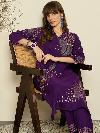 Women Ethnic Motifs Embroidered Regular Mirror Work Kurta with Palazzos