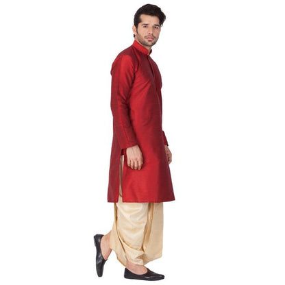 Men's Maroon Silk Blend Straight Kurta and Dhoti Set