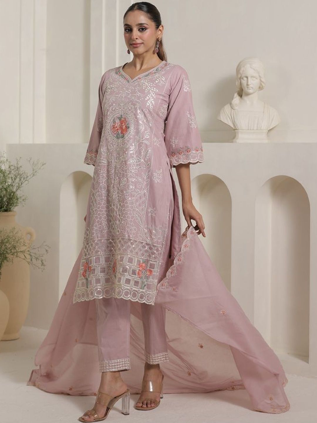 Ethnic Motifs Embroidered Thread Work Pure Cotton Kurta With Trousers & Dupatta