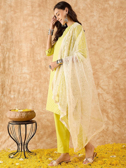 Embroidered Straight Sequinned Chanderi Cotton Kurta with Trousers & Dupatta