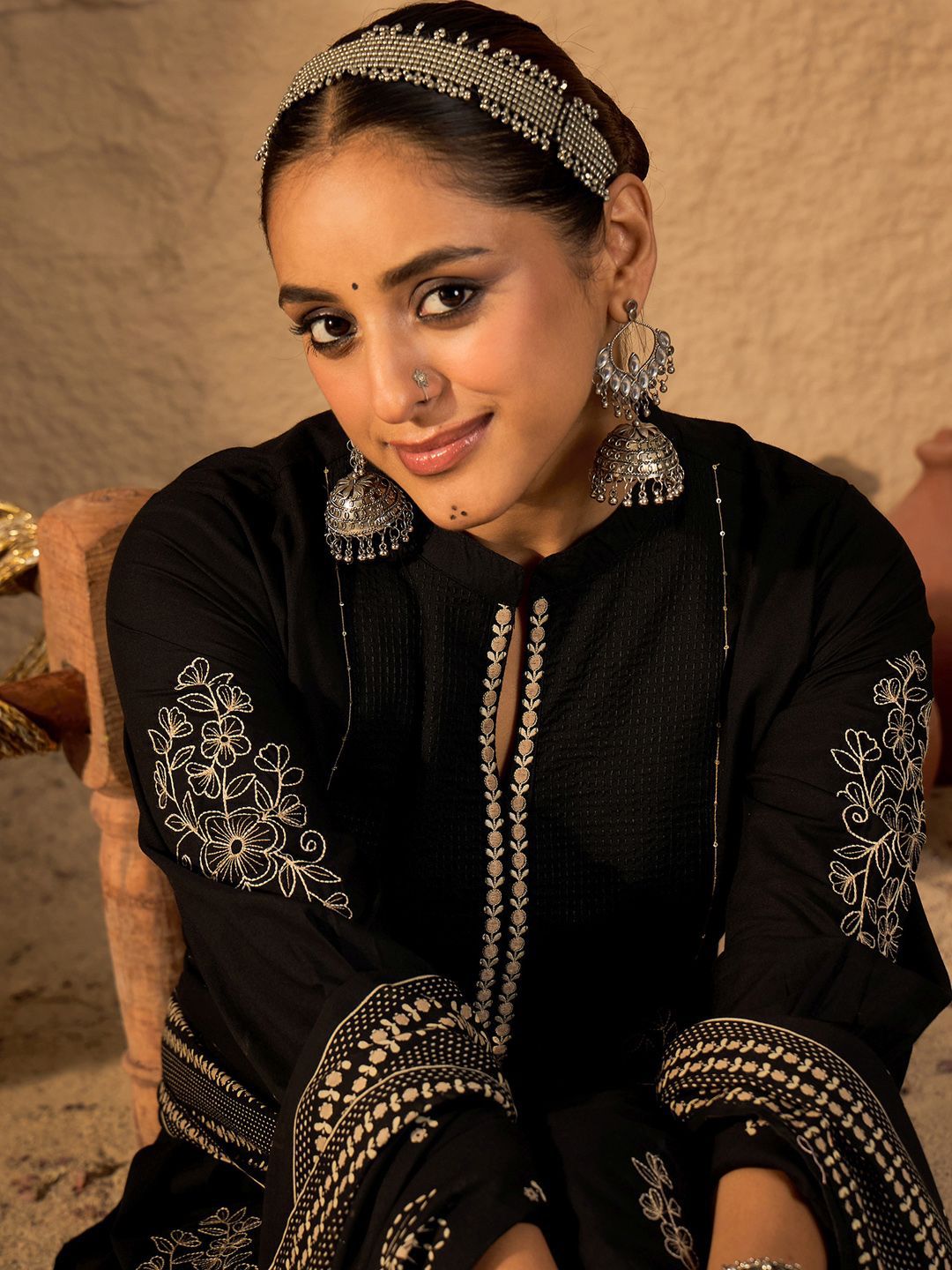 Women Ethnic Motifs Embroidered Pure Cotton A-Line Kurta with Trouser & Dupatta