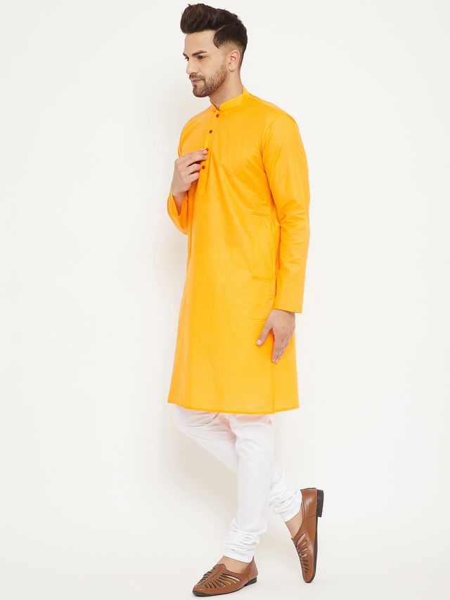 Men's Orange Cotton Straight Kurta Pyjama Set