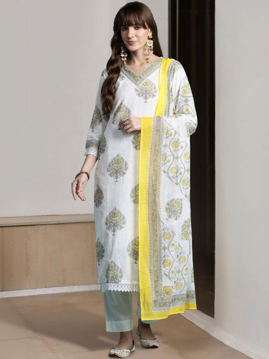 Dhiyona IE Women Ethnic Motifs Printed Regular Pure Cotton Kurta with Trousers & With Dupatta
