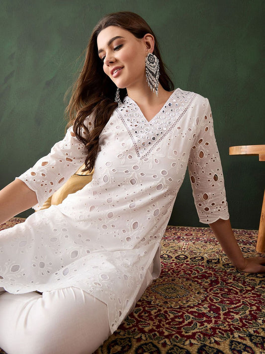 Dhiyona SN Women's White Floral Embroidered V-Neck Mirror Work Pure Cotton Kurta with Trousers