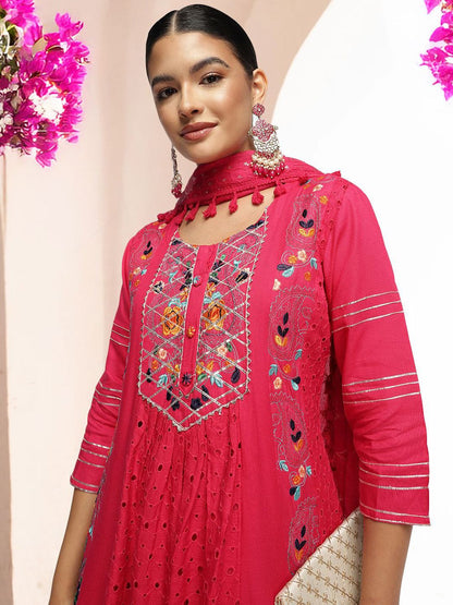 Dhiyona IS Women's Embroidered Thread Work Round Neck A-Line Kurta with Trousers & Dupatta