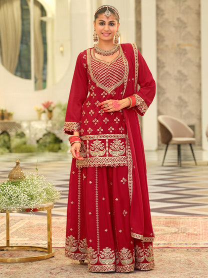 Ethnic Motifs Embroidered Kurta With Palazzos & Dupatta