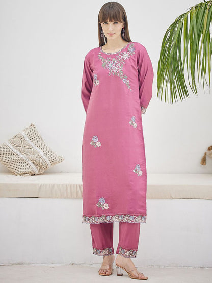 Floral Embroidered Thread Work Kurta With Trousers & Dupatta