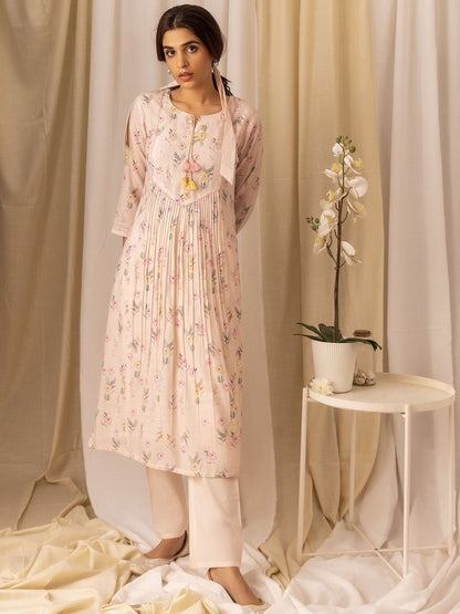Dhiyona OD  Floral Printed Pleated Style A-Line Kurta With Trousers & Dupatta