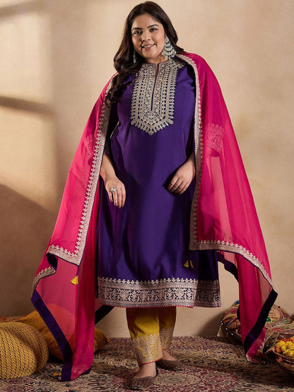 Dhiyona IN Women Floral Yoke Design Regular Thread Work Kurta with Trousers & With Dupatta