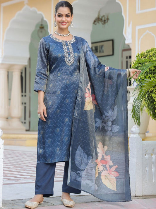 Dhiyona RR Women's Floral Printed Regular Thread Work Pure Cotton Kurta with Trousers & With Dupatta