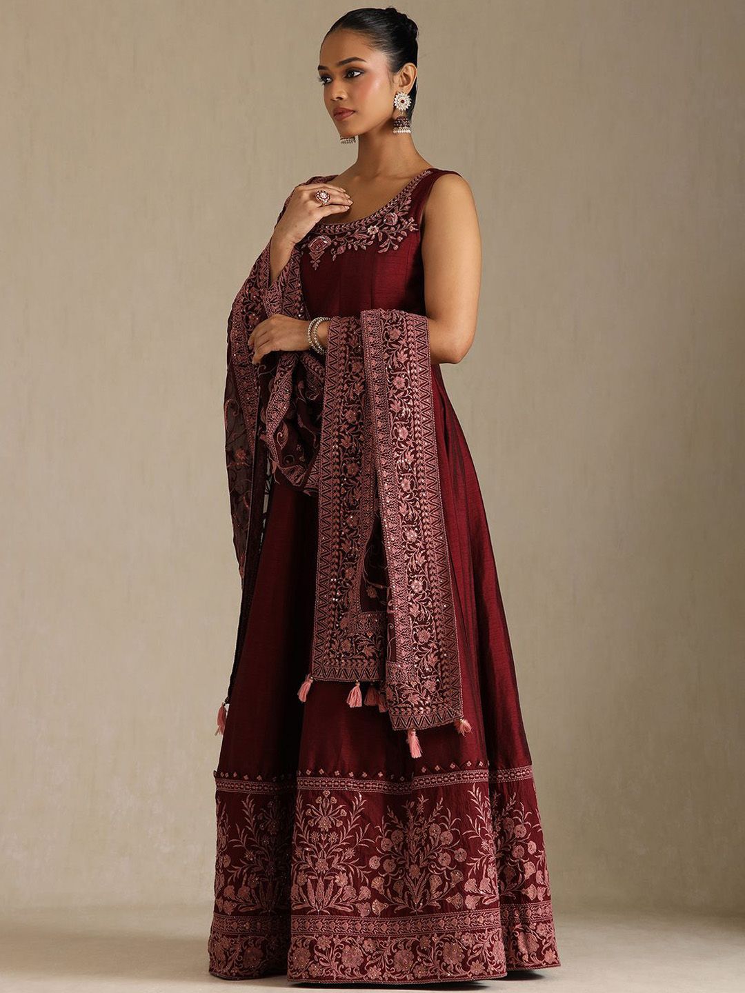 Dhiyona SO Women's Floral Embroidered Beads and Stones A-Line Gown with Dupatta