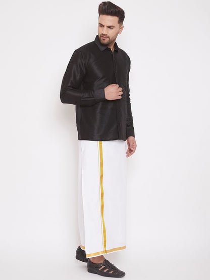 Men's Black Silk Blend Straight Shirt And Mundu