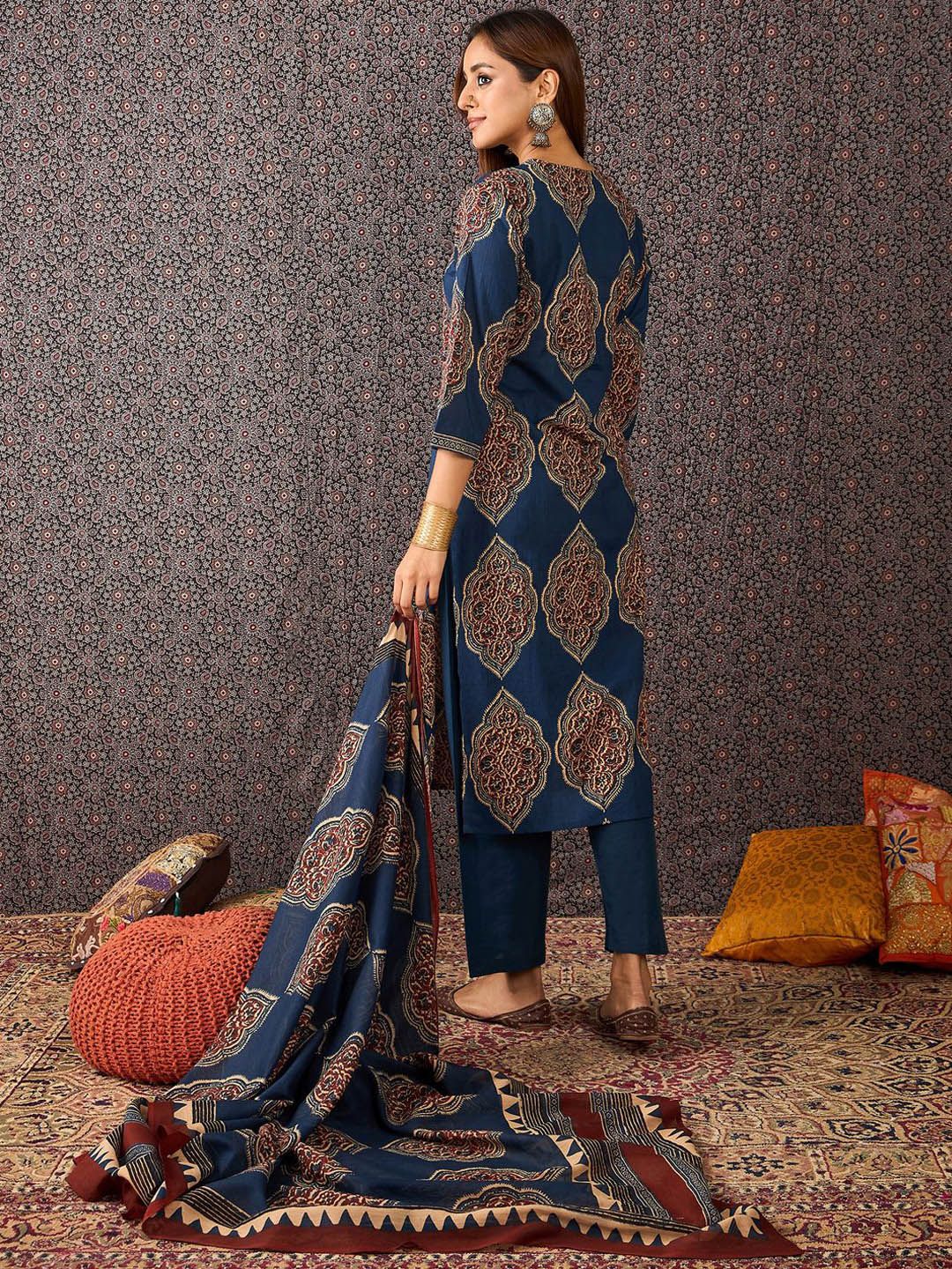 Women Ajrakh Printed Straight Kurta Trousers With Dupatta Set