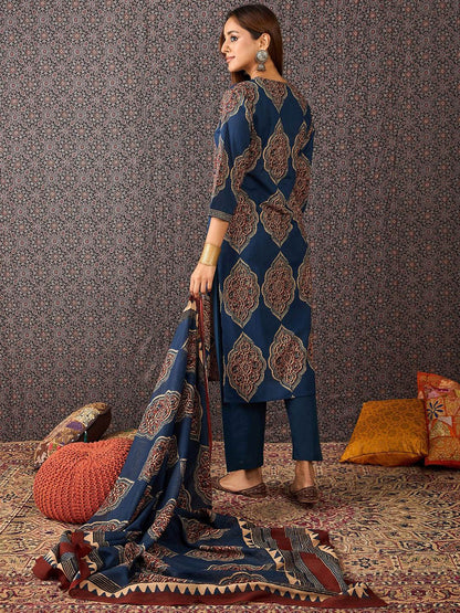 Women Ajrakh Printed Straight Kurta Trousers With Dupatta Set