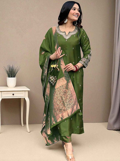 Dhiyona SN Women's Floral Embroidered Sequinned Straight Kurta with Pyjama & Dupatta