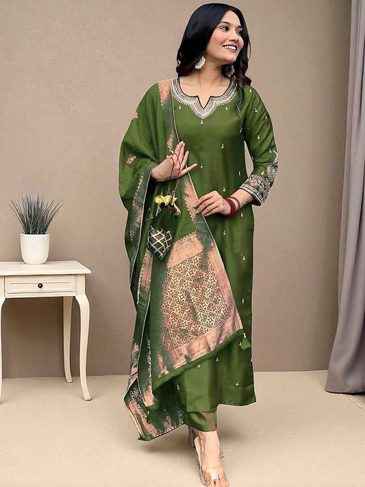 Dhiyona SN Women's Floral Embroidered Sequinned Straight Kurta with Pyjama & Dupatta