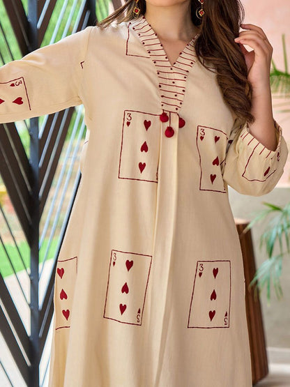Geometric Printed Screen Technique Thread Work Kurta With Trousers
