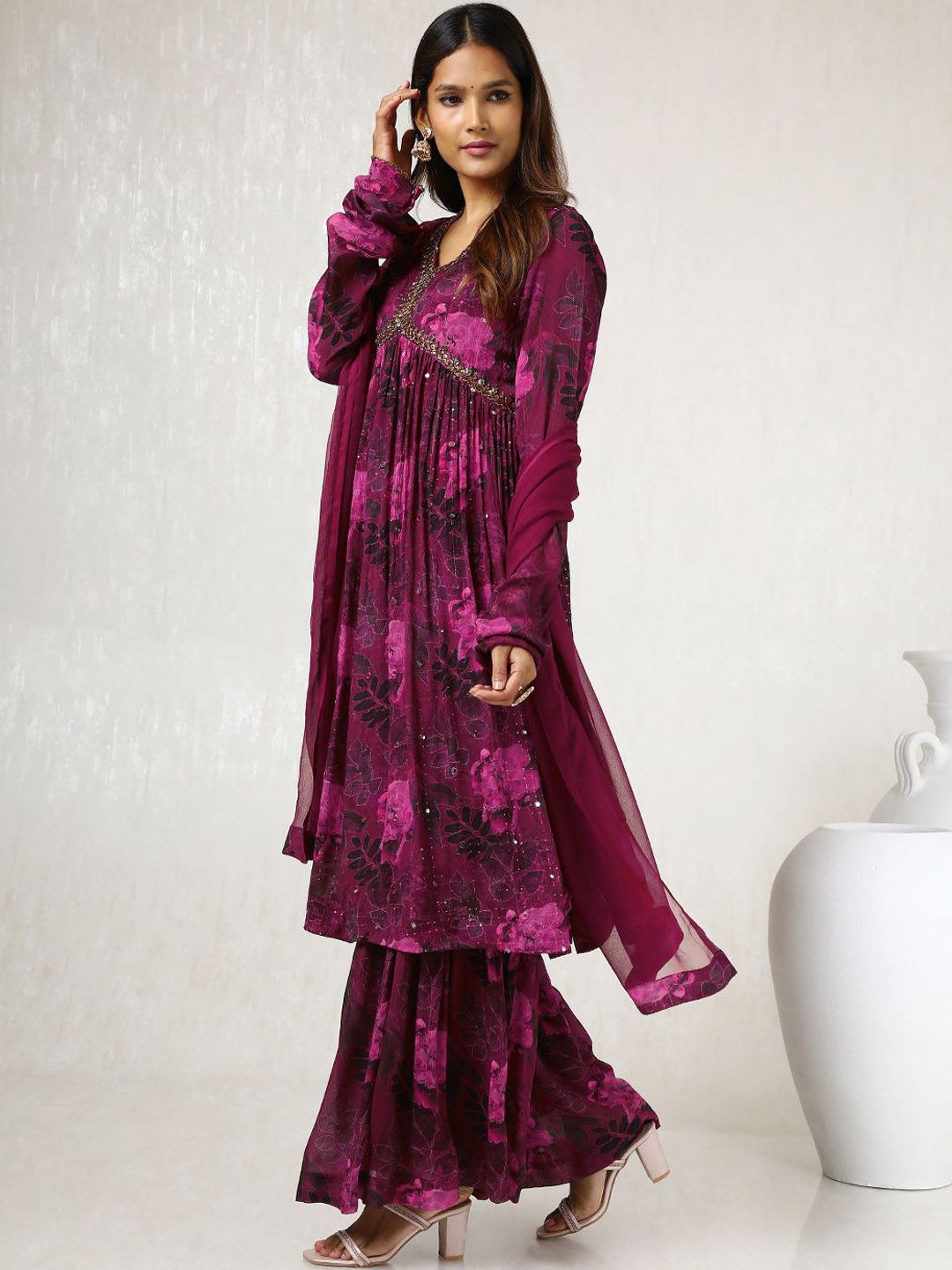 Dhiyona SO Women's Floral Printed Mirror Work Straight Kurta with Sharara & Dupatta