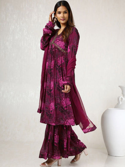 Dhiyona SO Women's Floral Printed Mirror Work Straight Kurta with Sharara & Dupatta