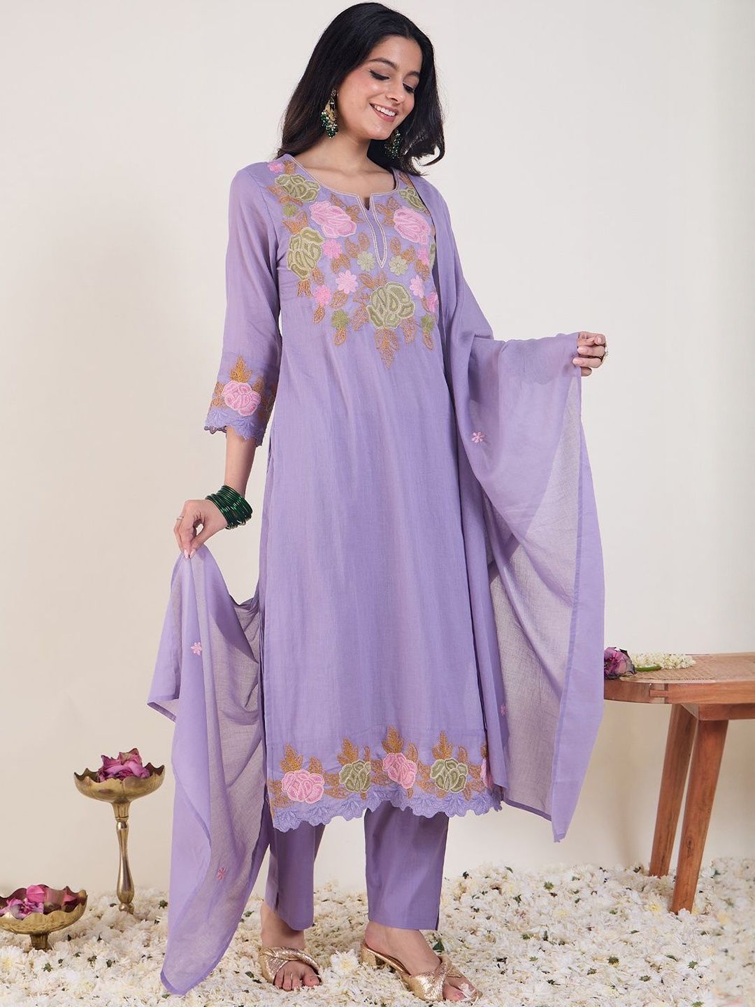 Floral Embroidered Thread Work Pure Cotton Straight Kurta With Trousers & Dupatta