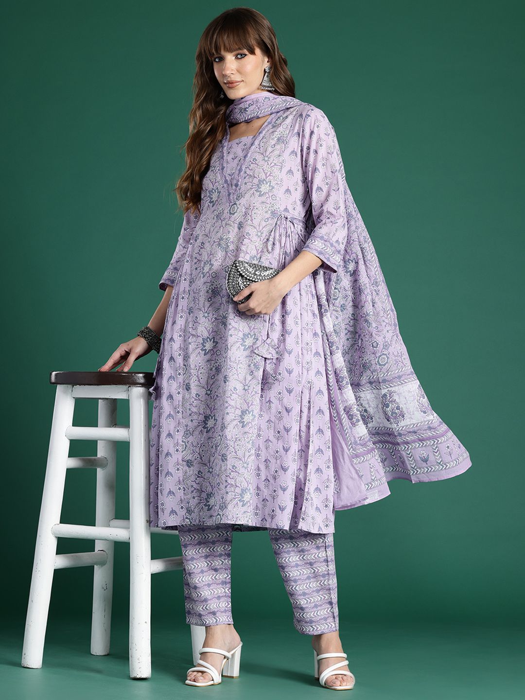 Dhiyona IE Floral Printed Pleated Pure Cotton Kurta With Trousers & Dupatta