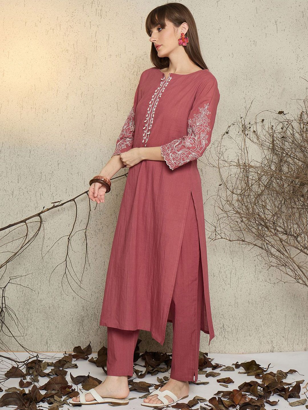 Dhiyona IE Women Embroidered Boat Neck Cotton Top and Trousers Co-Ords