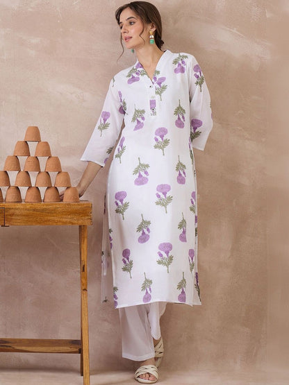 Women Floral Printed Regular Pure Cotton Kurta with Trousers