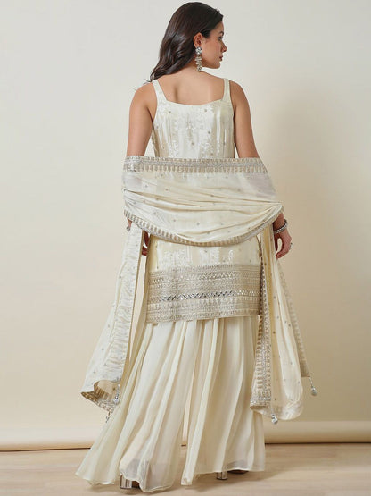 Dhiyona SO Women's Ethnic Motifs Embroidered Regular Mirror Work Straight Kurti with Sharara & Dupatta