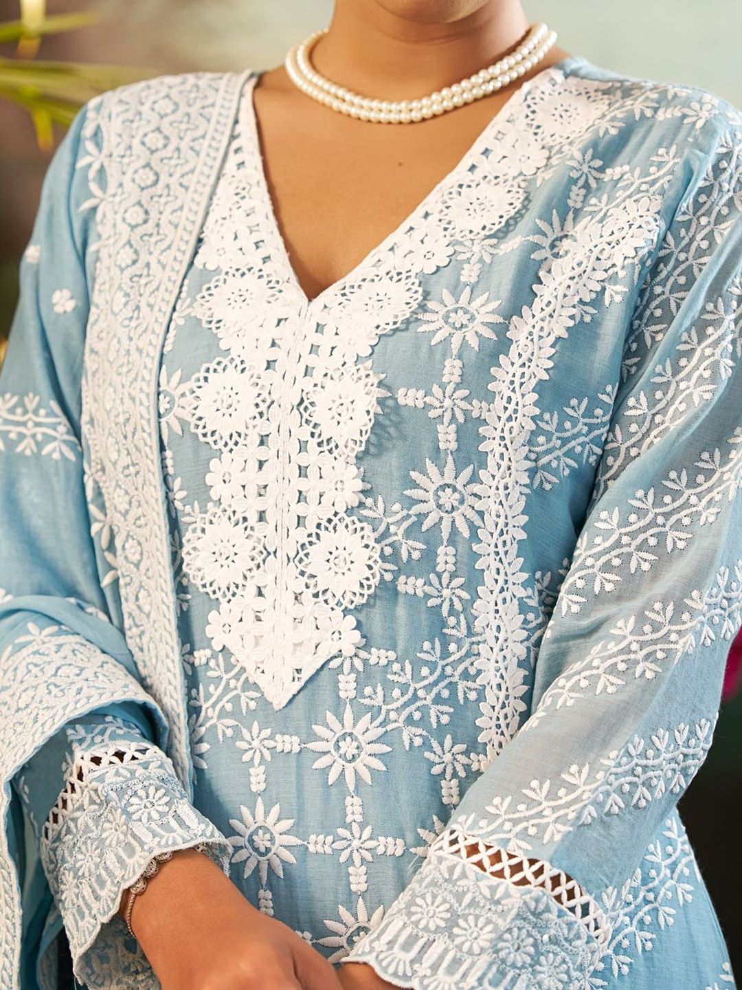 Women Ethnic Motifs Embroidered Regular Chikankari Pure Cotton Kurta with Trousers & With Dupatta