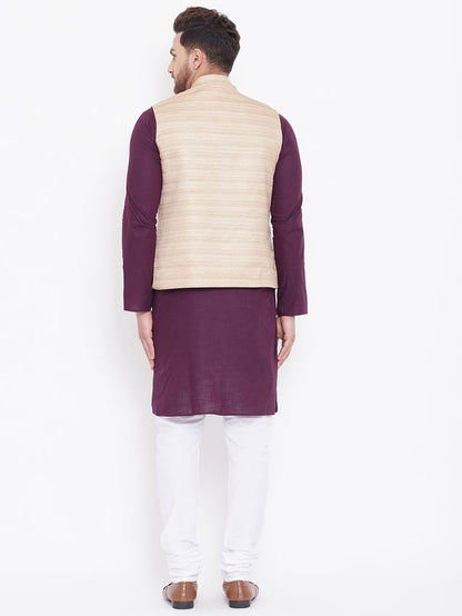 Men's Purple Cotton Blend Straight Jacket  Kurta and Pyjama Set