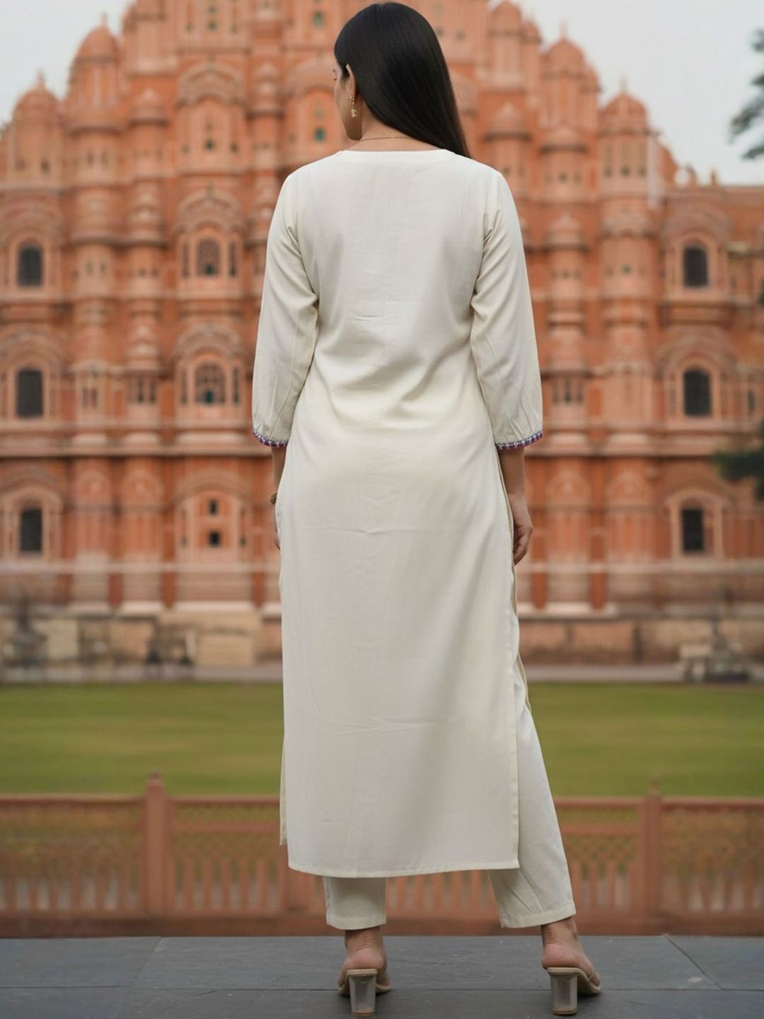 Off White Embroidered A-Line Liva Kurta With Trousers