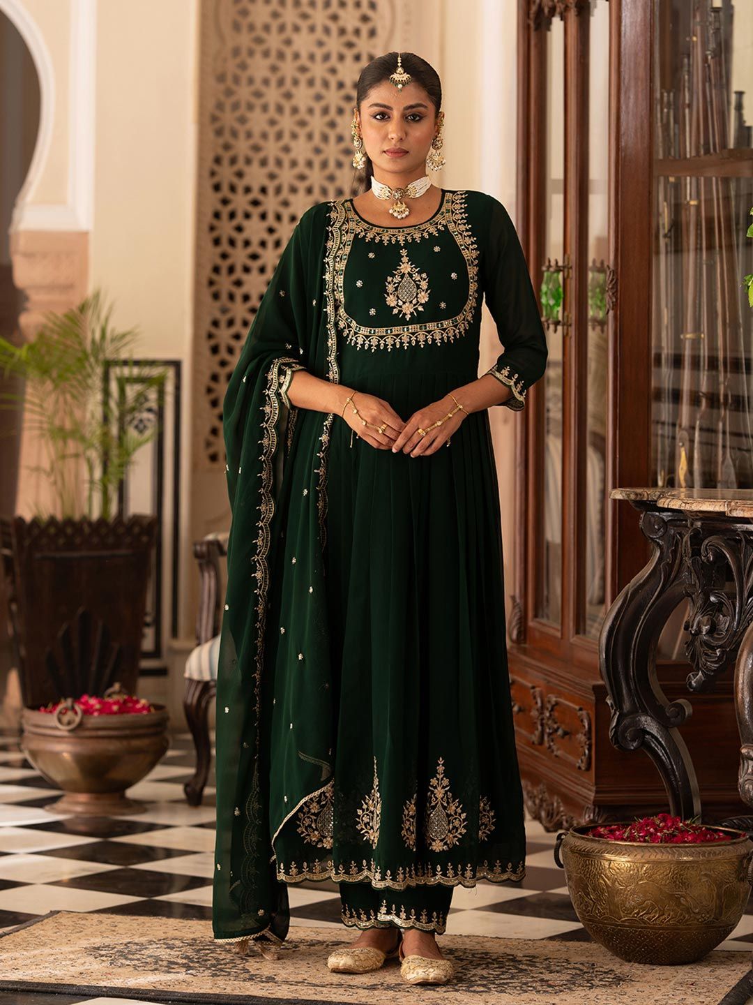 Dhiyona CH Women Floral Embroidered Pleated Mirror Work Kurta with Trousers & Dupatta