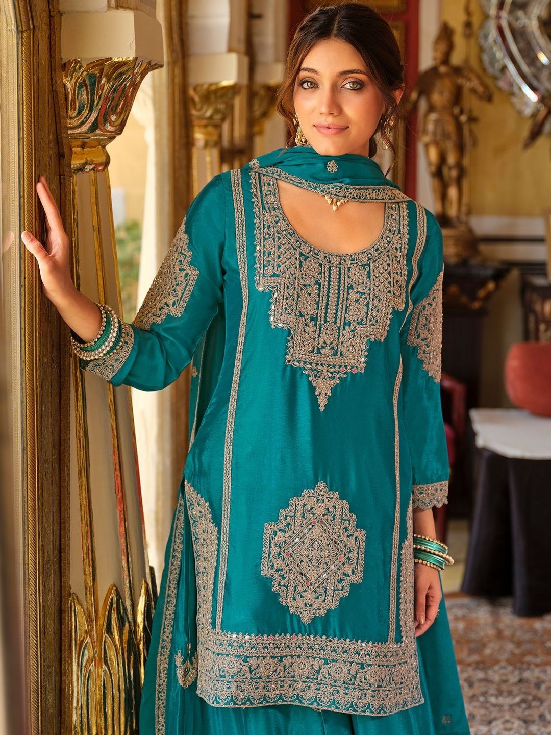 Women Ethnic Motifs Embroidered Mirror Work Kurta with Palazzos & Dupatta