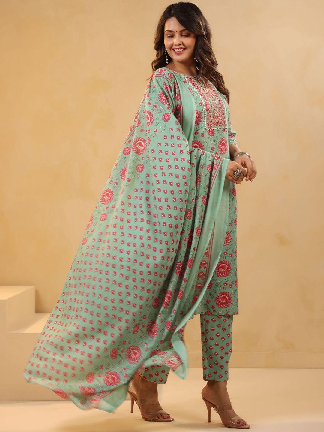 Floral Printed Mirror Work Straight Kurta With Trousers & Dupatta