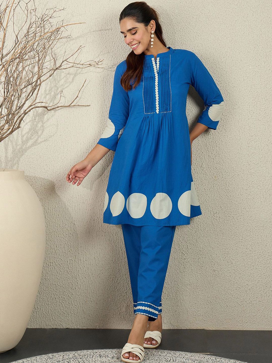 Dhiyona IE Printed Pure Cotton Mandarin Collar Tunic With Trouser