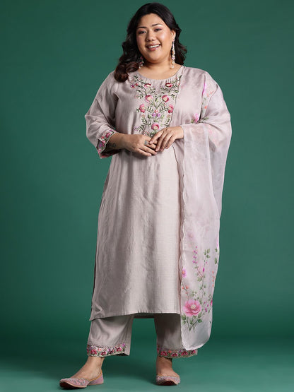 Floral Embroidered Regular Thread Work Round Neck Kurta with Trousers & Dupatta