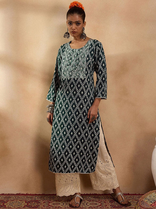 Dhiyona IE Green and White Round Neck Geometric Printed Mirror Work Straight Kurta