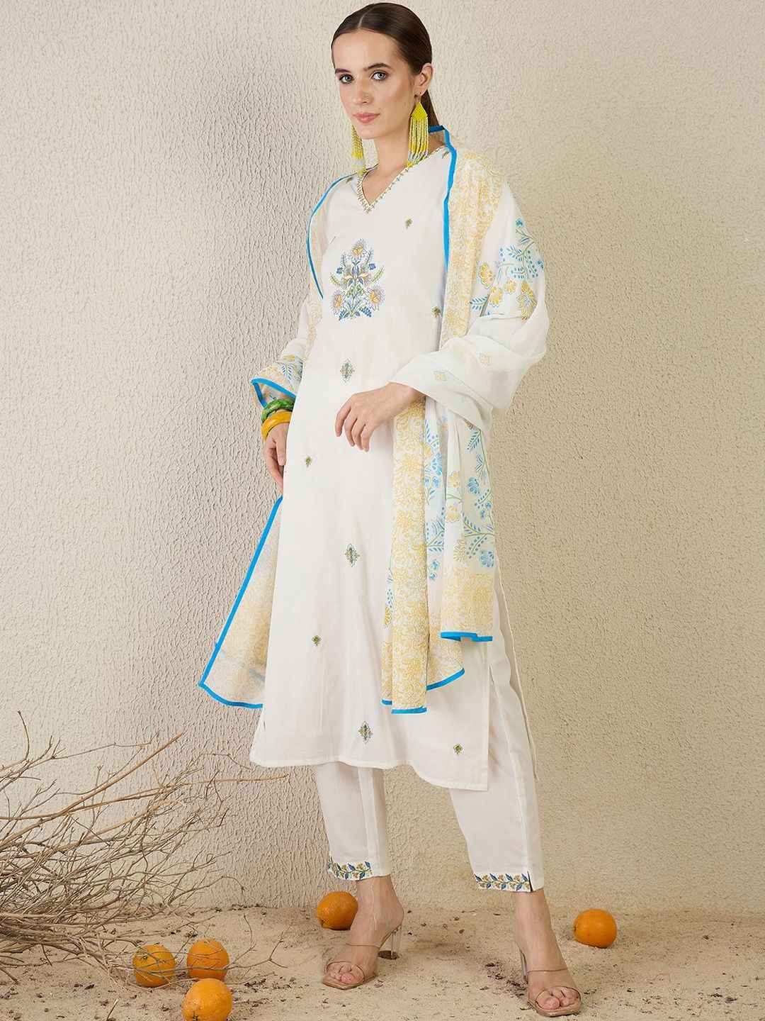 Women White Embroidered Straight Kurta Trousers With Dupatta set