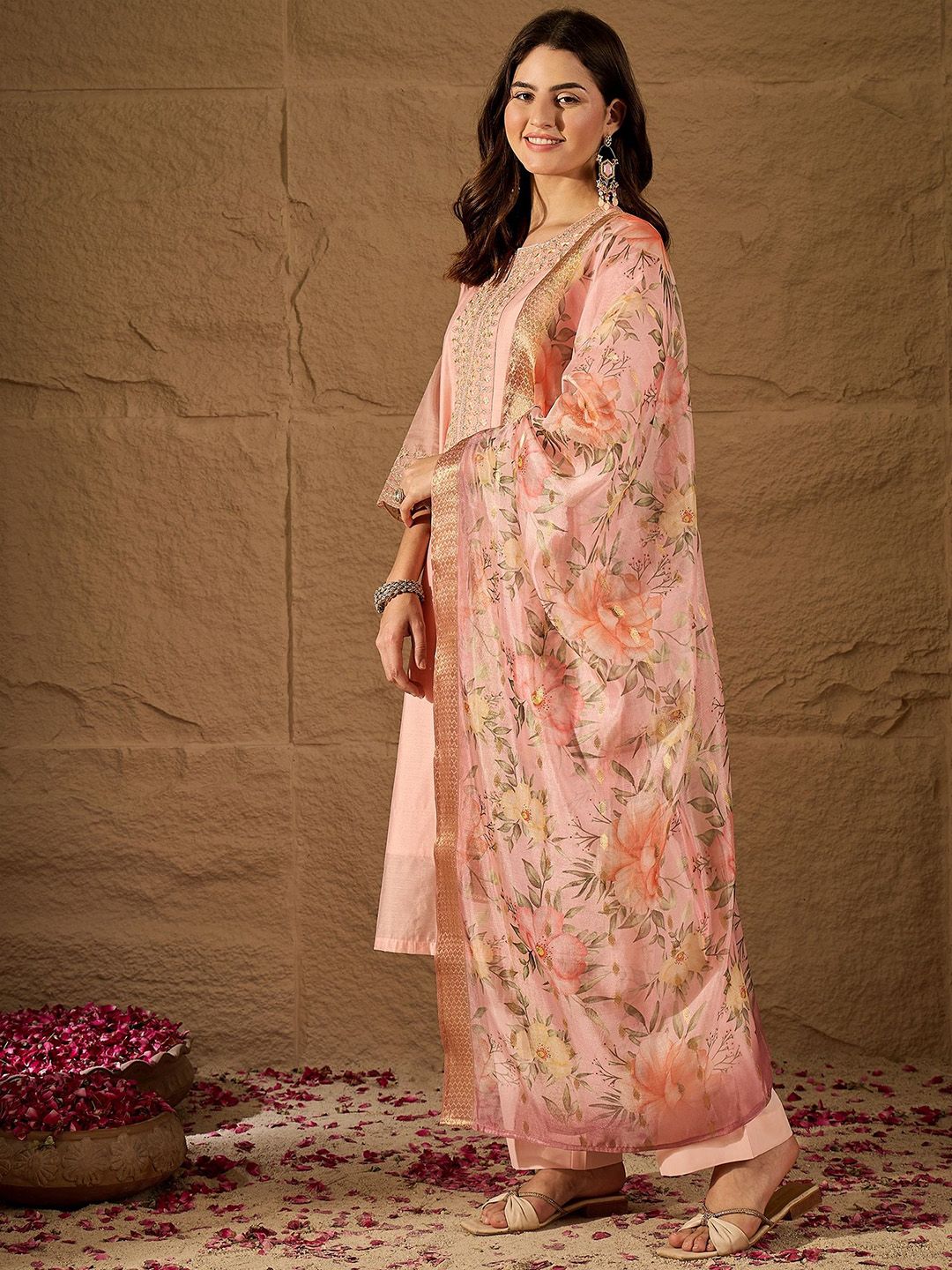 Dhiyona PD Women Embroidered Round Neck Kurta Trouser Dupatta Set