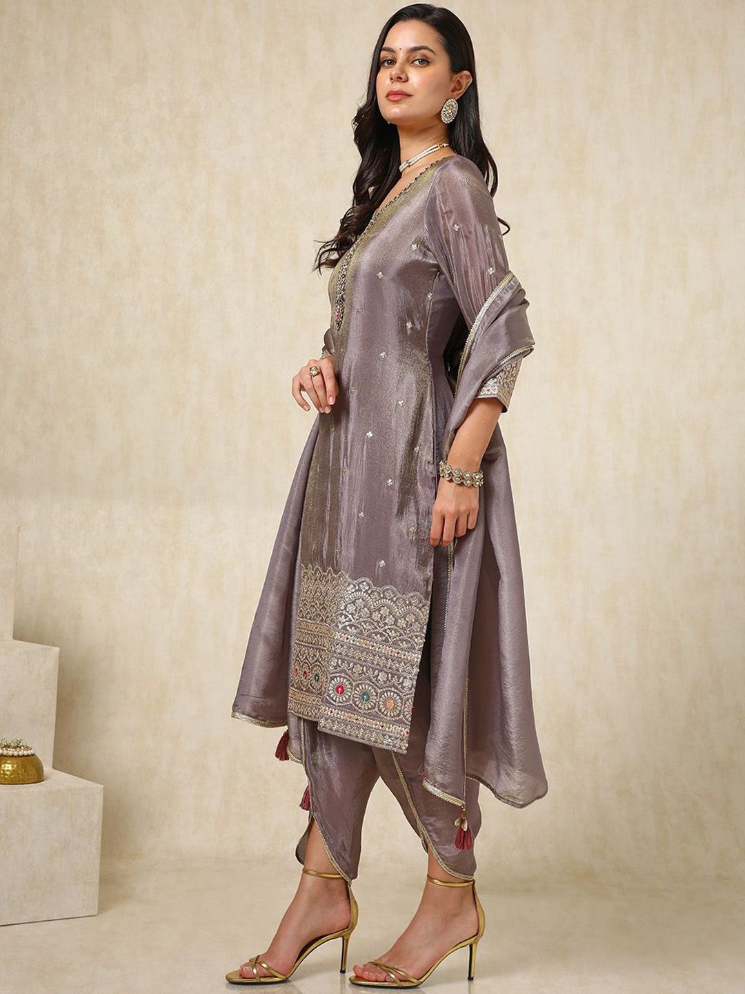 Dhiyona SO Women's Ethnic Motifs Embroidered Sequinned Straight Kurta with Dhoti Pants & Dupatta