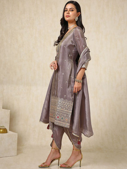 Dhiyona SO Women's Ethnic Motifs Embroidered Sequinned Straight Kurta with Dhoti Pants & Dupatta