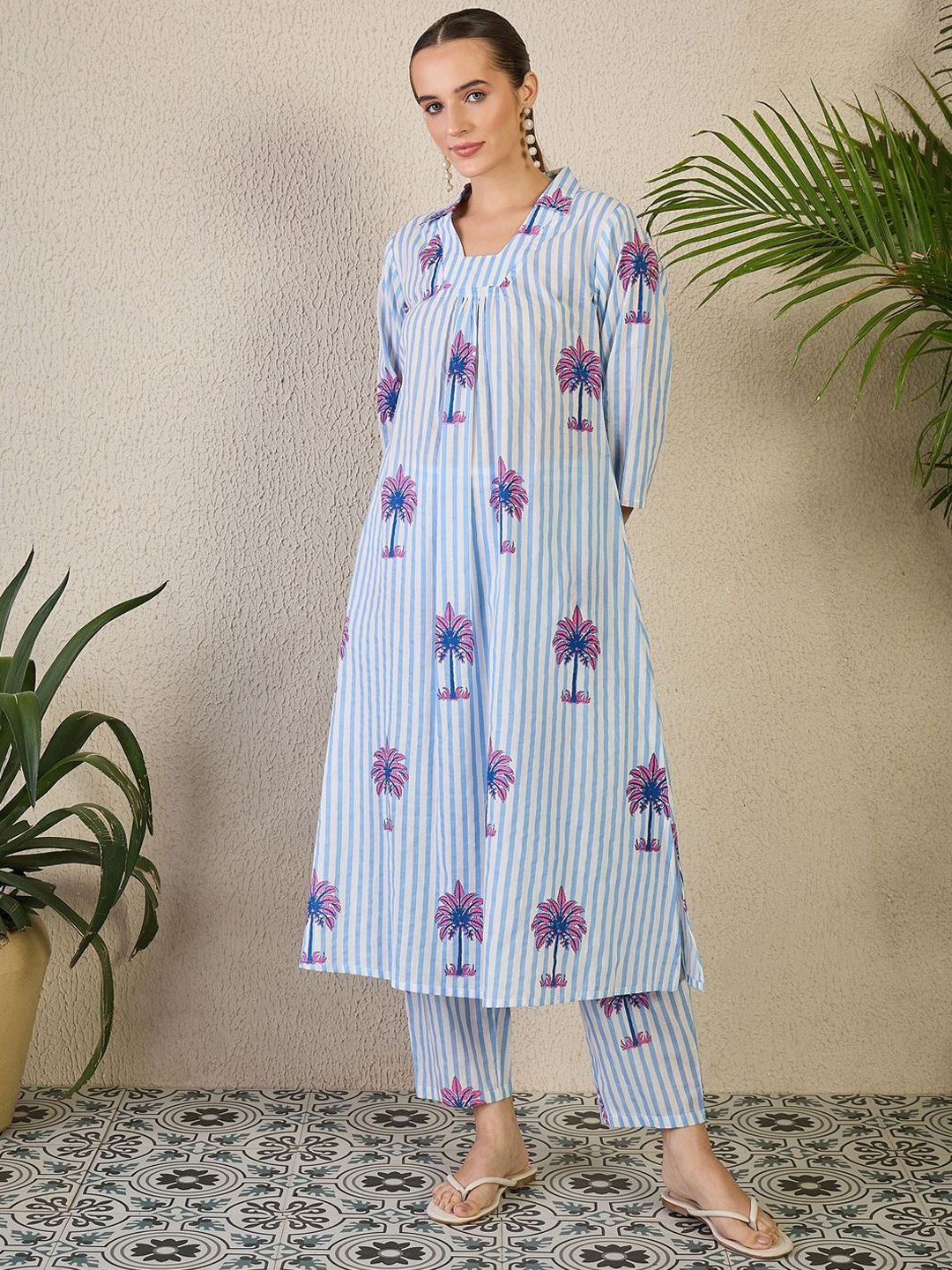 Dhiyona IE Striped Shirt Collar A-Line Pure Cotton Kurta & Trousers