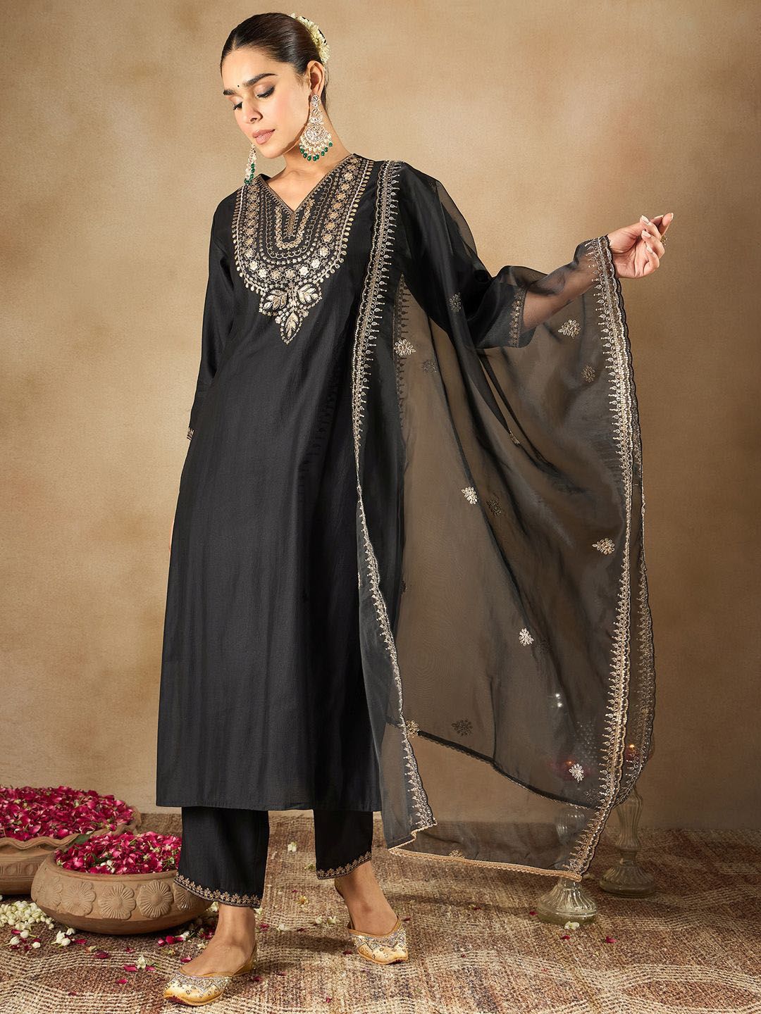 Dhiyona IE Women Ethnic Motifs Embroidered Regular Liva Kurta with Trousers & With Dupatta