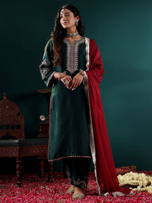 Dhiyona VA Women'sGreen Floral Embroidered Regular Sequinned Kurta With Trouser With Dupatta
