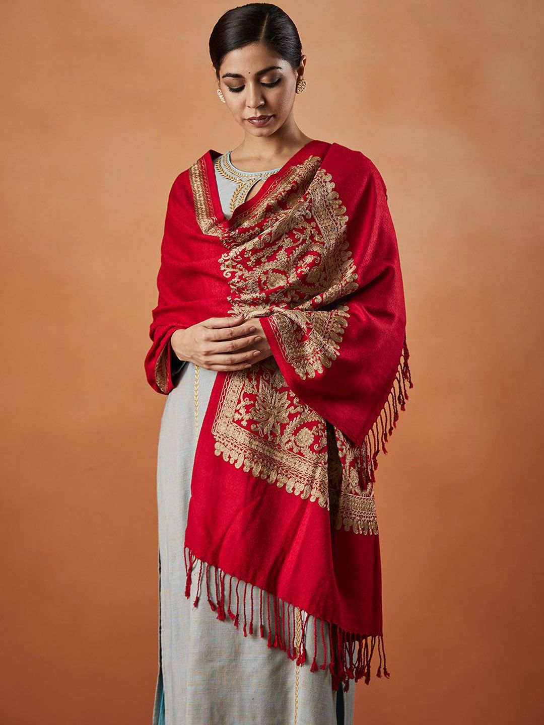 Dhiyona PA Floral Embroidered Fringed Shawl