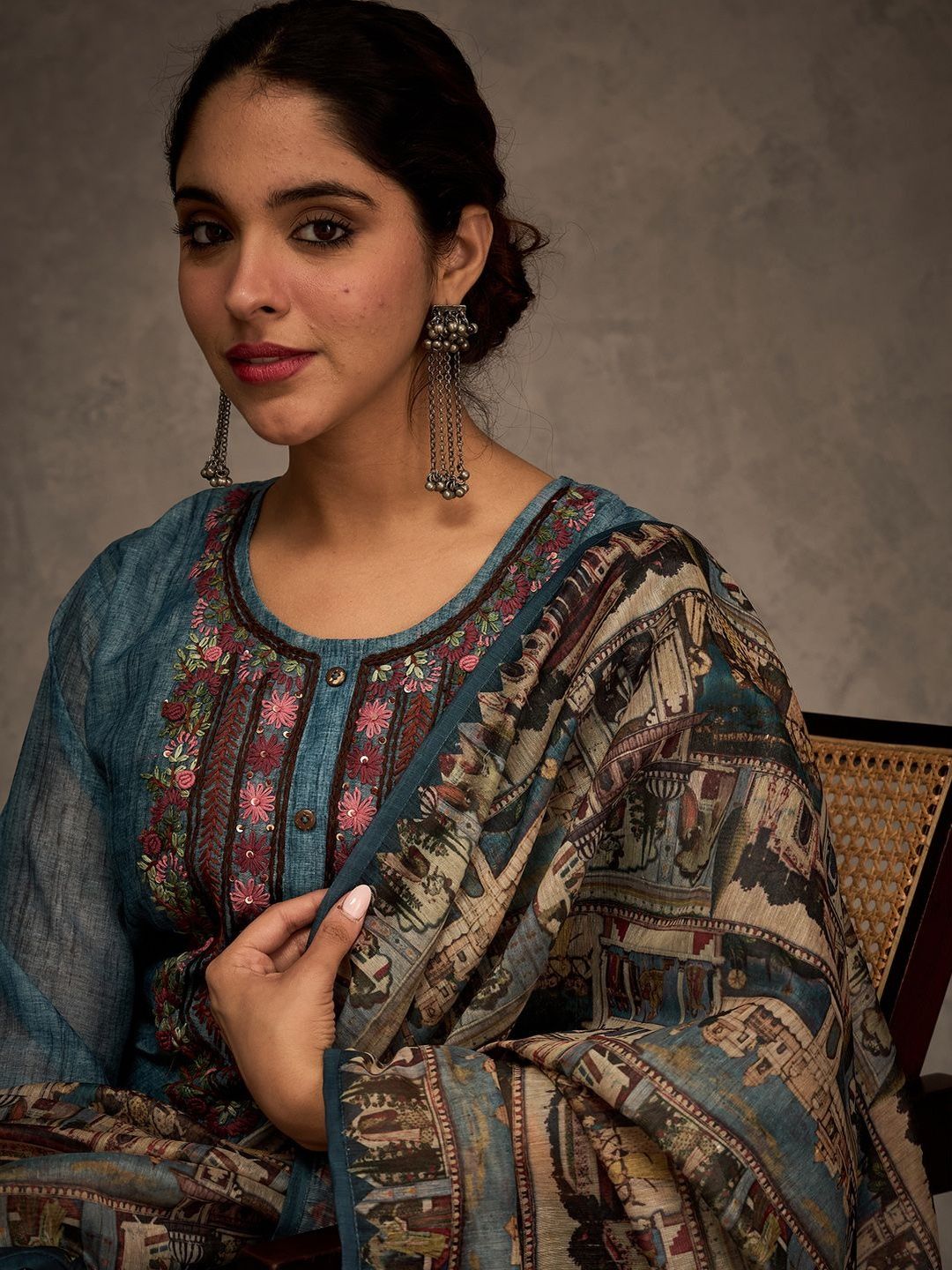 Dhiyona IE Ethnic Motifs Embroidered Chanderi Cotton Kurta & Trousers With Dupatta